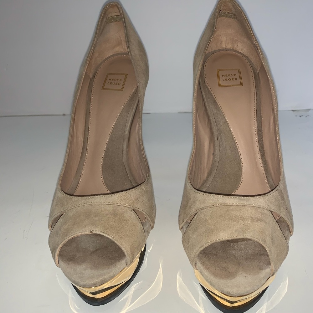 Herve Leger KELLIA Nude Lamb Suede Gold Prism Heel - Picture 5 of 12